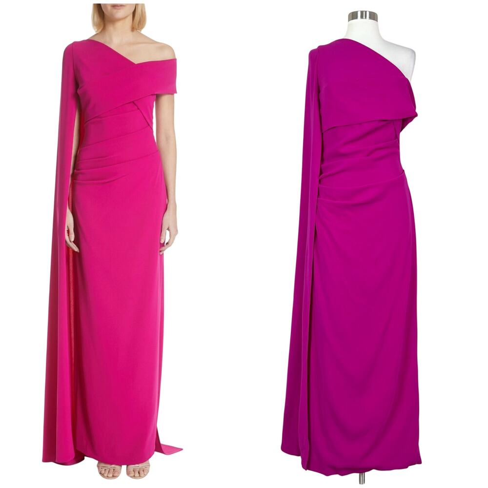 Talbot Runhof | Magenta Pink Cape One Shoulder Long Formal Designer Gown Dress 6